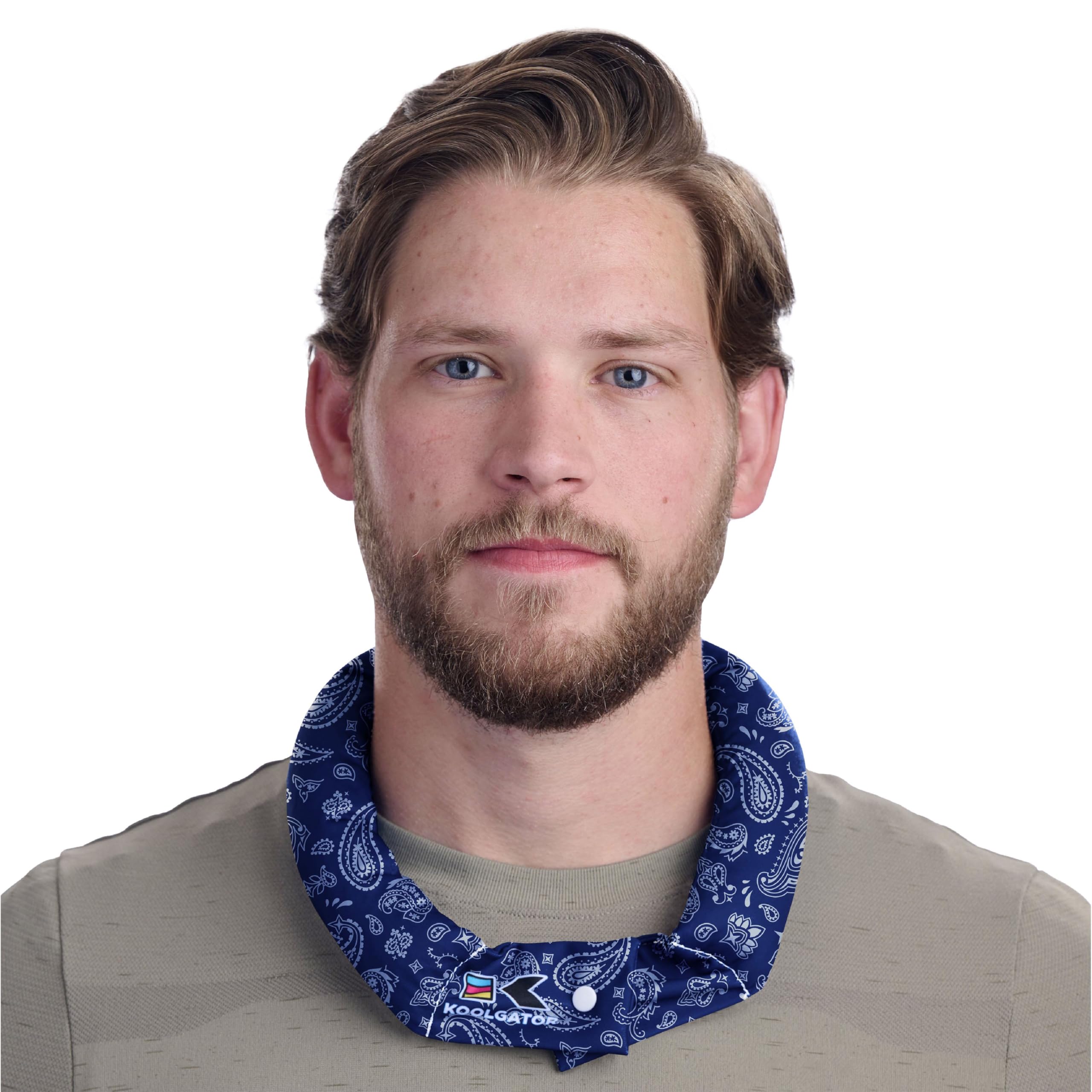 KOOLGATOR evaporative neck wrap in blue paisley, front view for cooling comfort