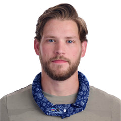 KOOLGATOR evaporative neck wrap in blue paisley, front view for cooling comfort