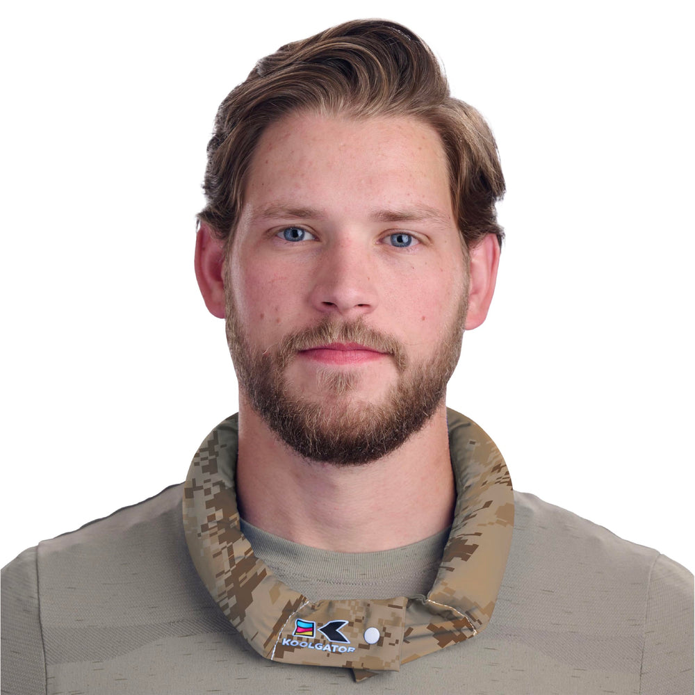Koolgator evaporative neck wrap water-activation demonstrates cooling for hot weather activities.