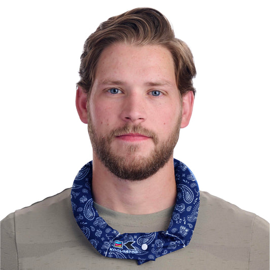 KOOLGATOR evaporative neck wrap cooling around the neck for outdoor comfort.