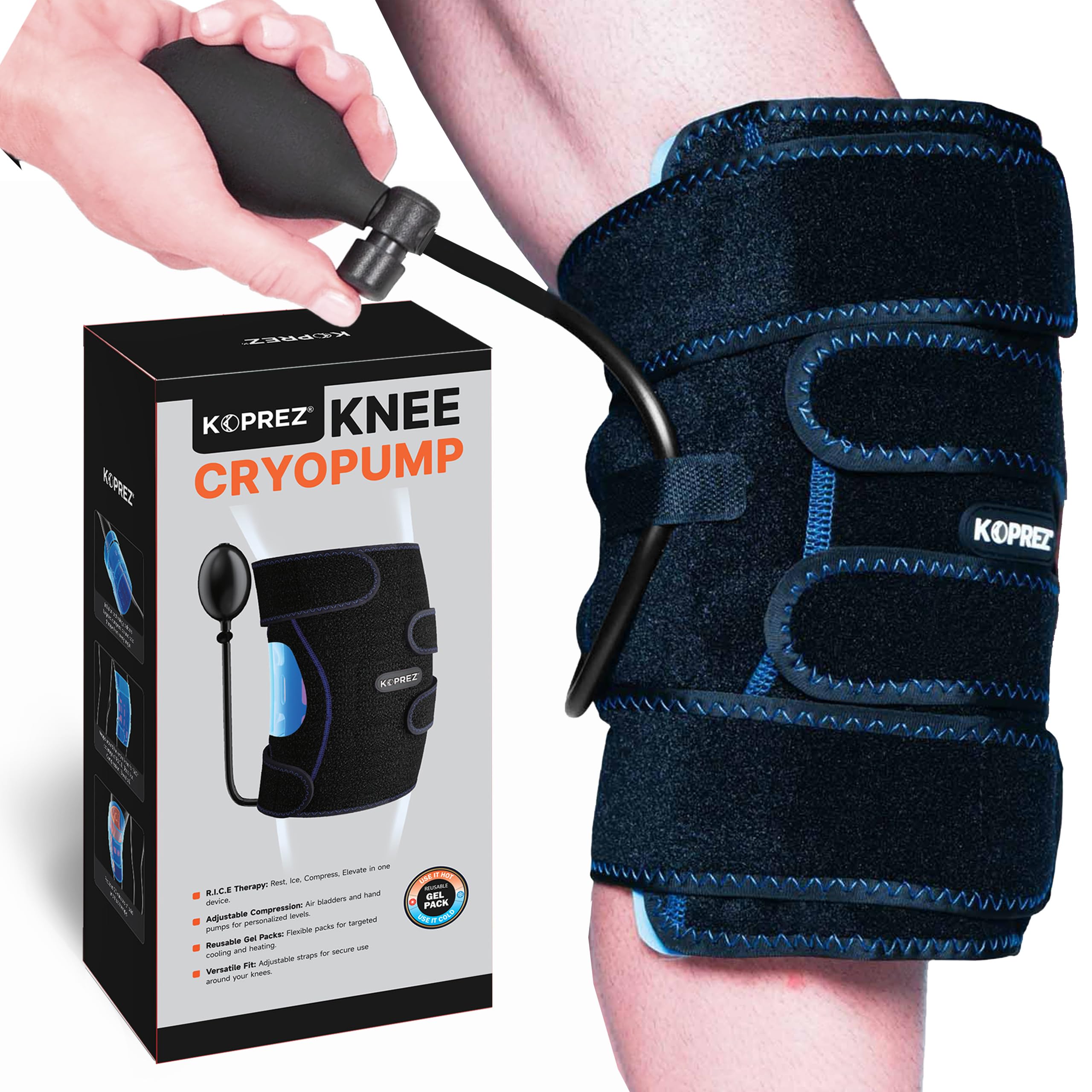 Koprez Knee CryoPump full wrap provides comprehensive cooling for knee comfort.