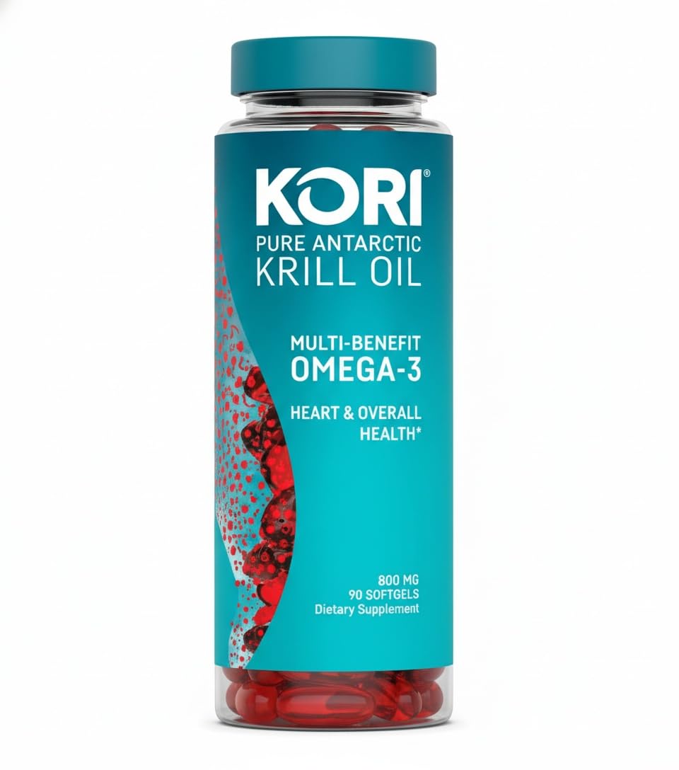 Kori Krill Antarctic krill oil bottle highlighting sustainable omega-3 support.