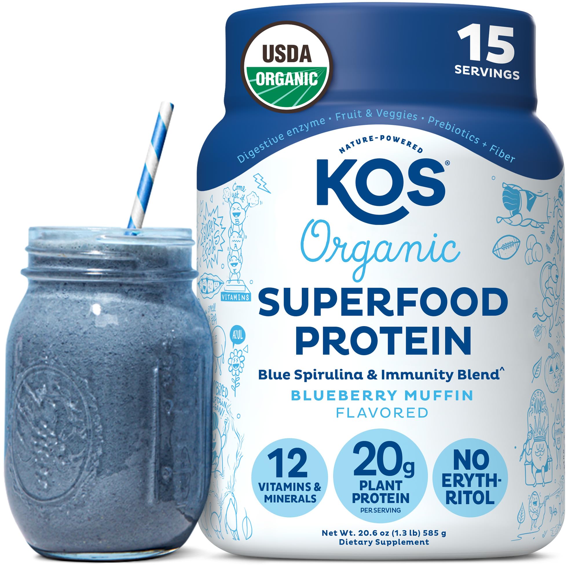 KOS Blueberry Muffin Plant-Based Protein Powder tub ready for shakes and smoothies