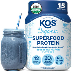 KOS Blueberry Muffin Plant-Based Protein Powder tub ready for shakes and smoothies