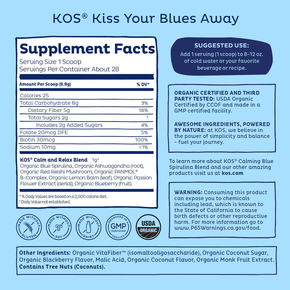 KOS Calming Blue Spirulina bottle label emphasizing organic quality.