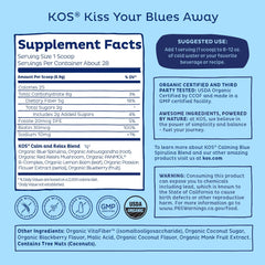 KOS Calming Blue Spirulina bottle label emphasizing organic quality.