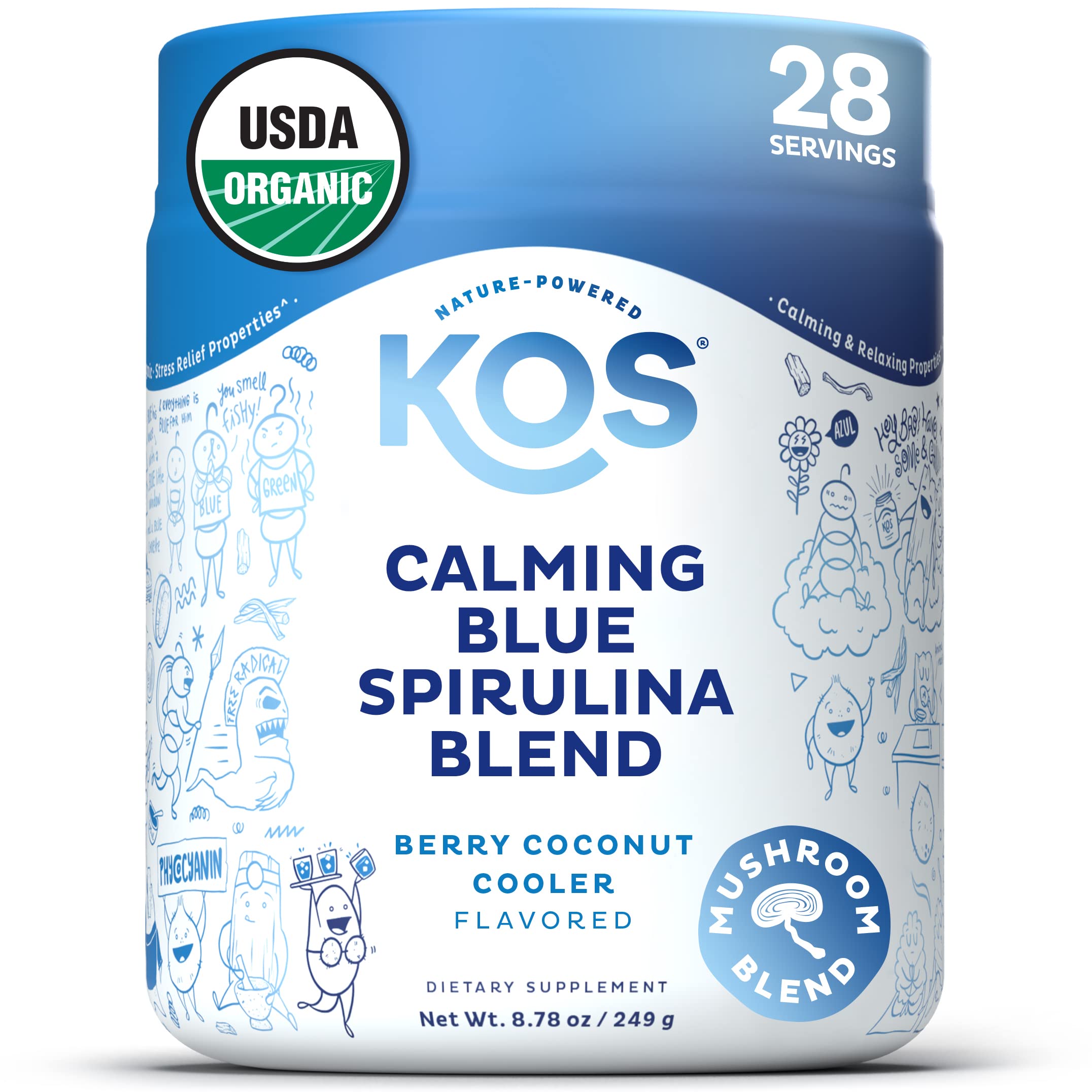 KOS Calming Blue Spirulina scoop in water for a calming evening ritual.