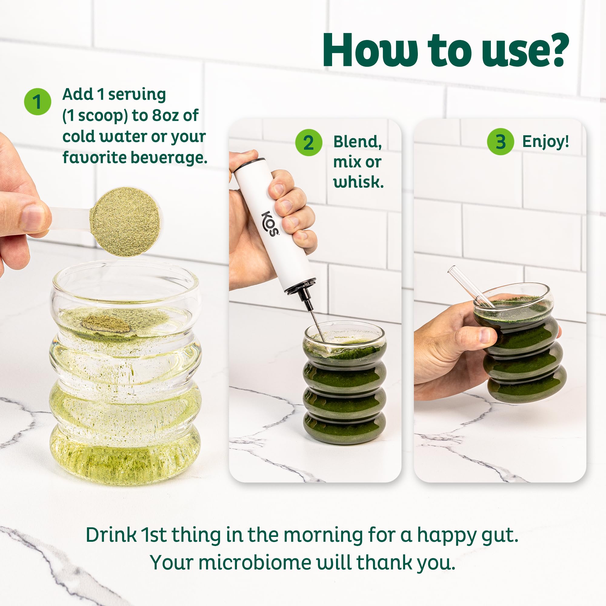 KOS greens powder high fiber and prebiotic content supports everyday routines.
