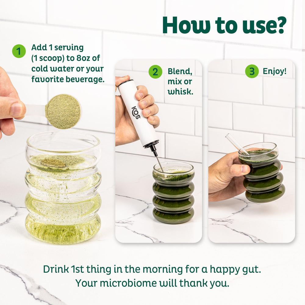 KOS greens powder high fiber and prebiotic content supports everyday routines.