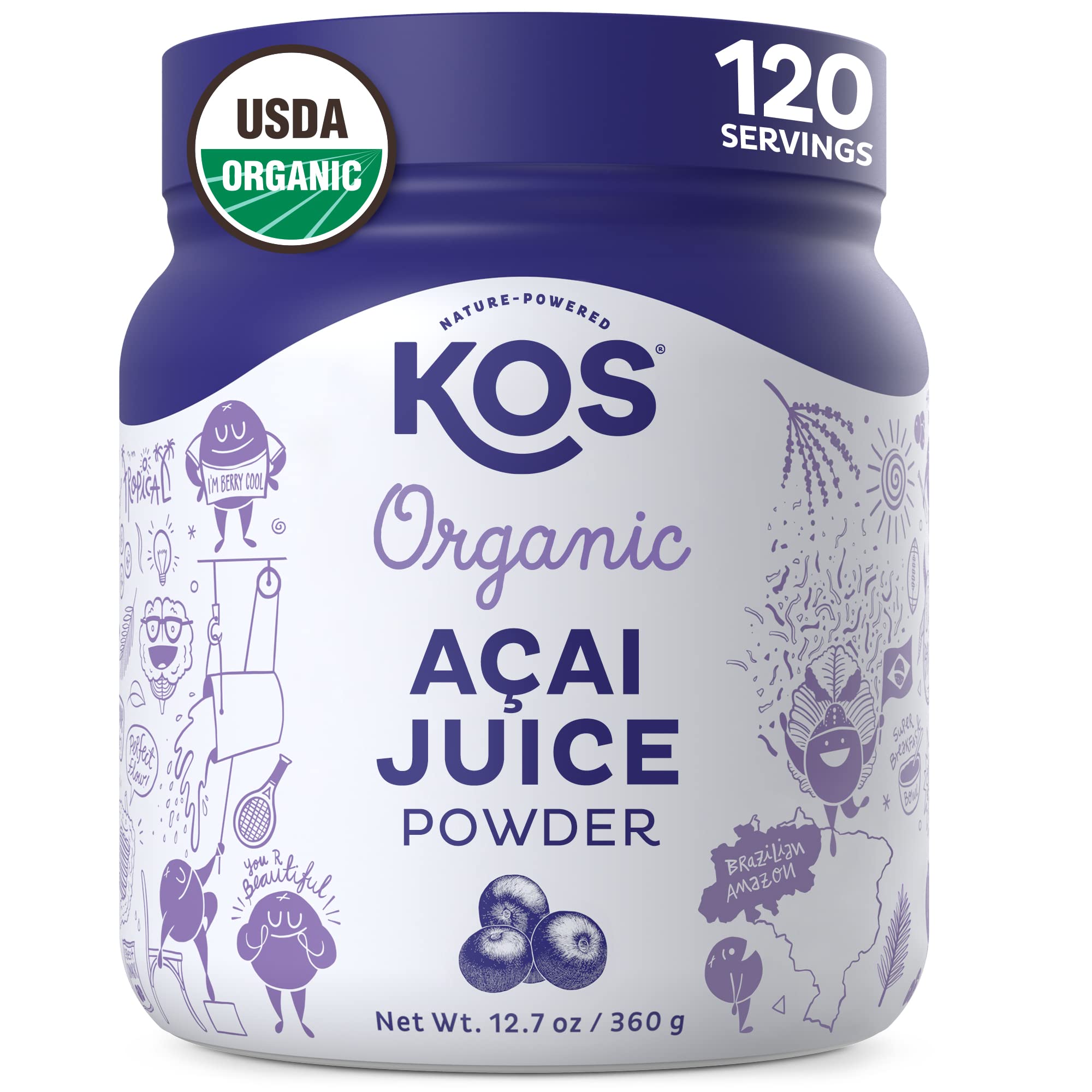 KOS Organic Acai Juice Powder bottle highlighting premium antioxidant-rich formula for smoothies.