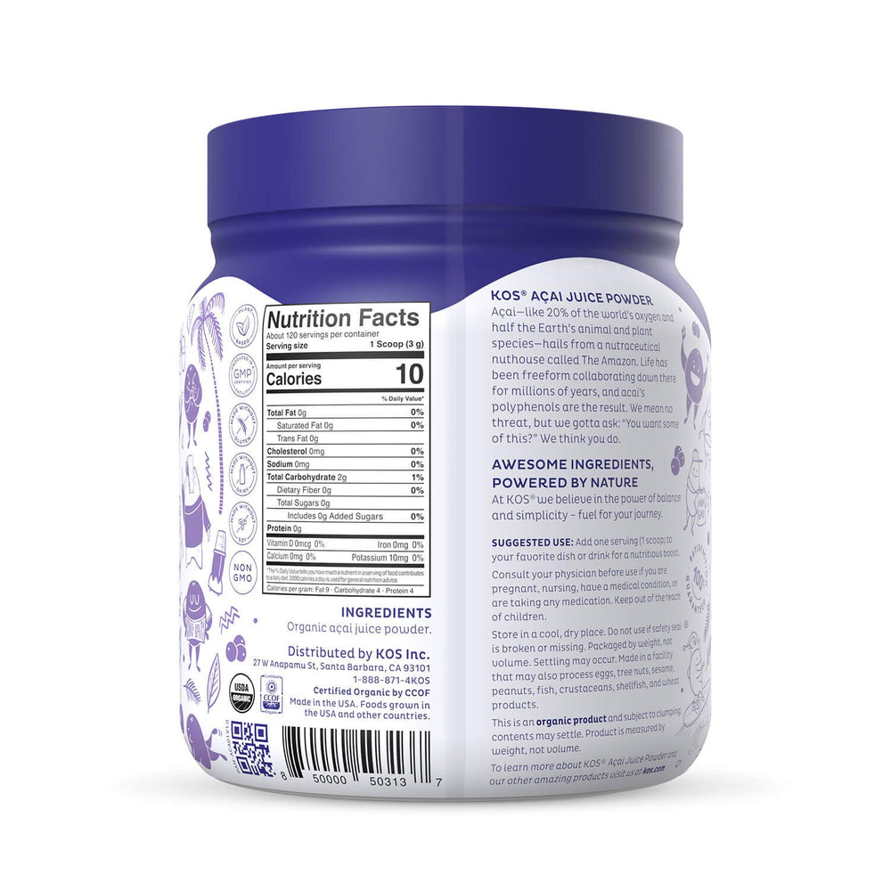 KOS Organic Acai Juice Powder jar packaging emphasizes clean ingredients.