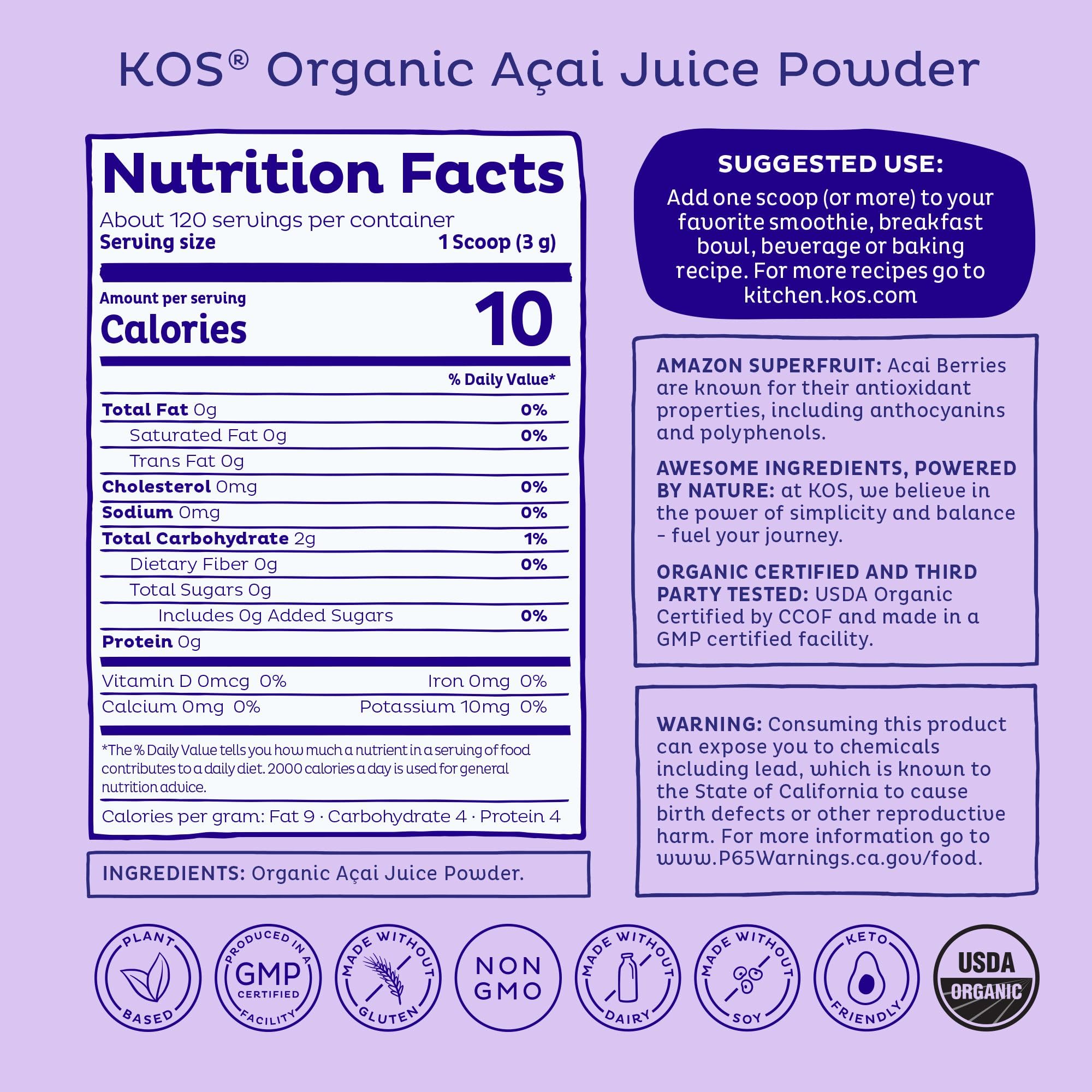 KOS Organic Acai Juice Powder scoop for precise measuring and portions.