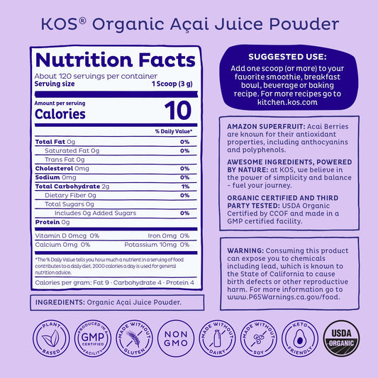 KOS Organic Acai Juice Powder scoop for precise measuring and portions.