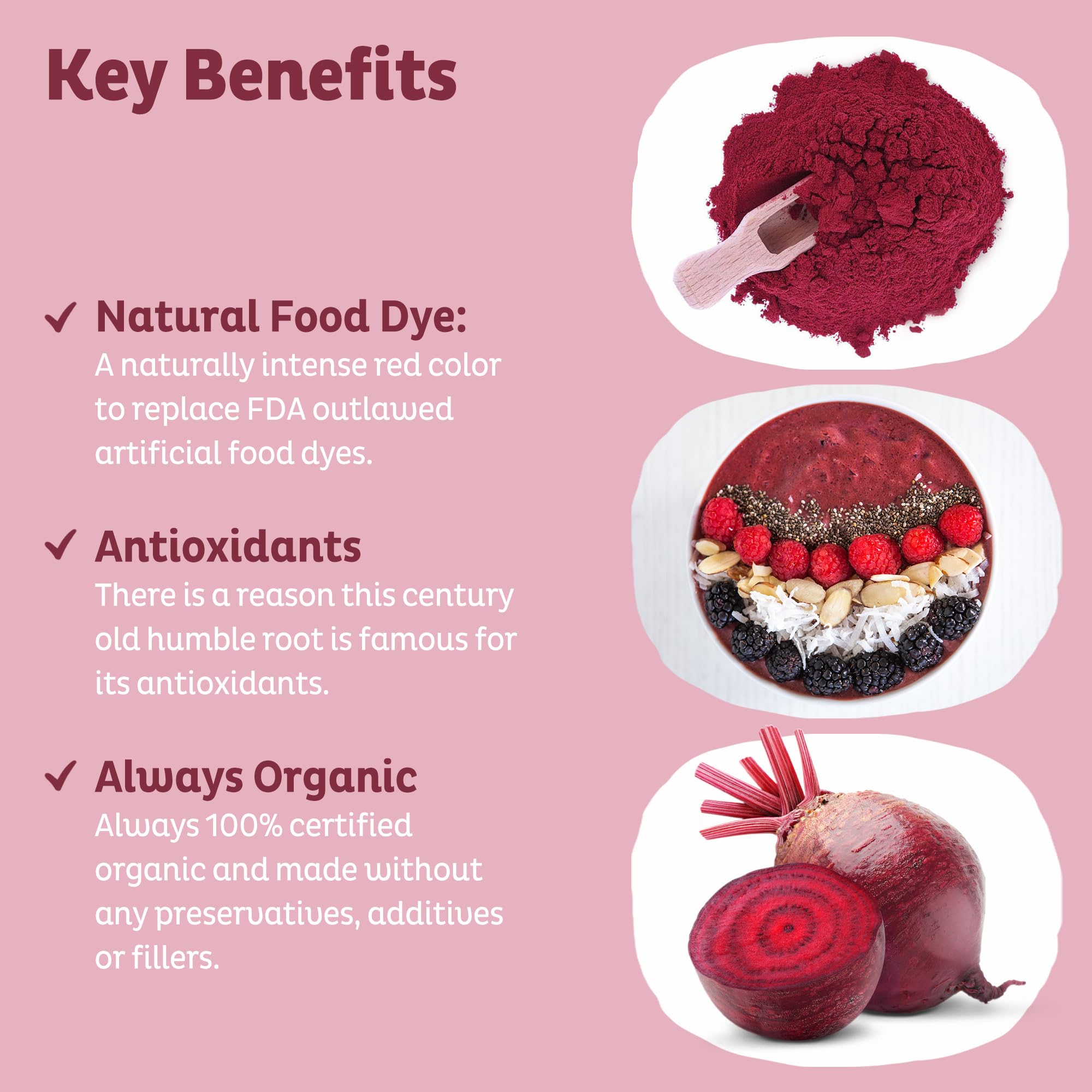 Close-up of pink beetroot powder, highlighting antioxidant-rich color.