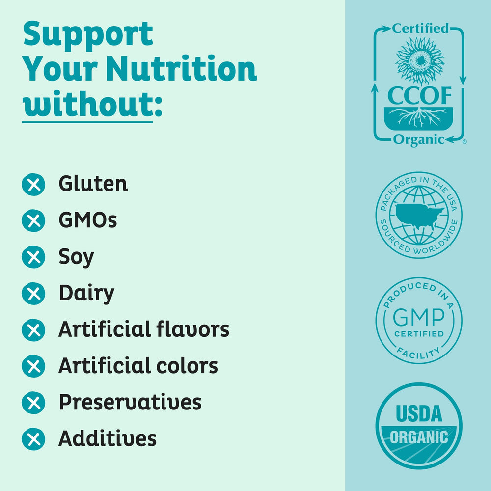 KOS Organic certifications label emphasizes trusted, non-irradiated quality.
