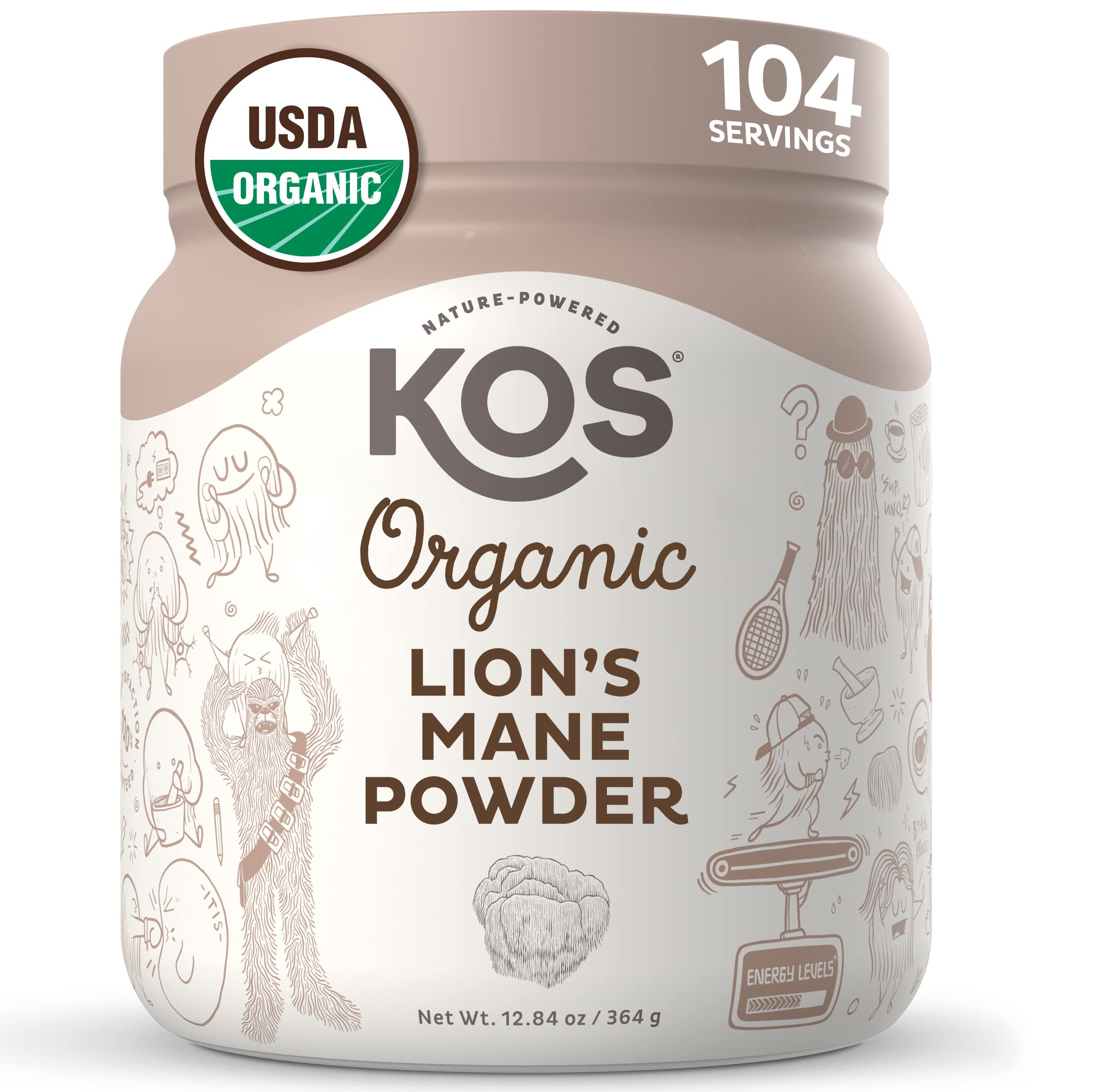 KOS Organic Lion's Mane Powder container closeup with focus on a vegan nootropic option