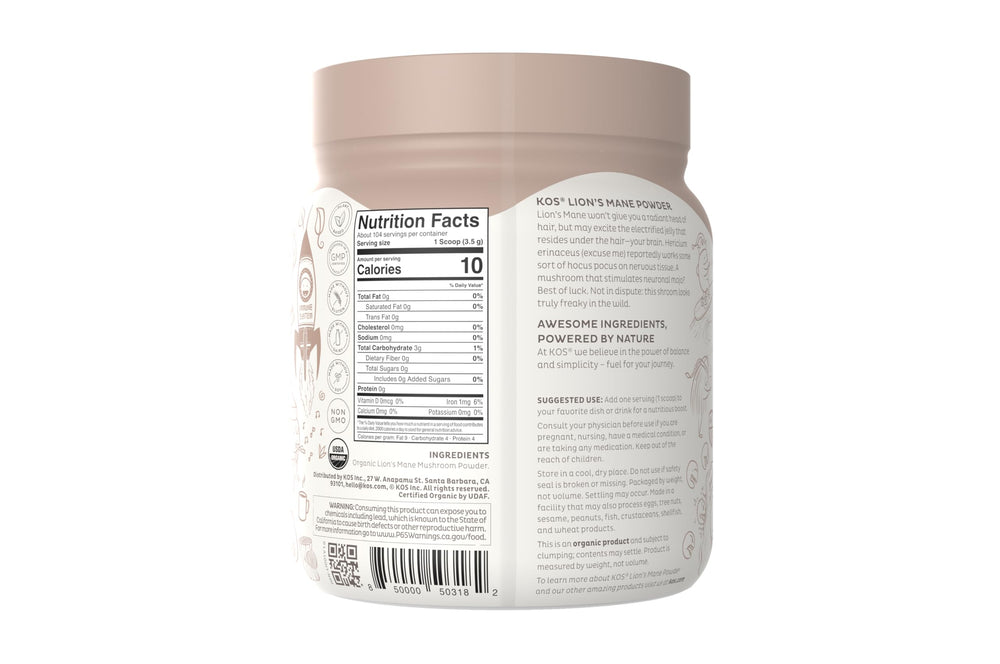 KOS Lion's Mane powder in a glass, ideal for a plant-based beverage