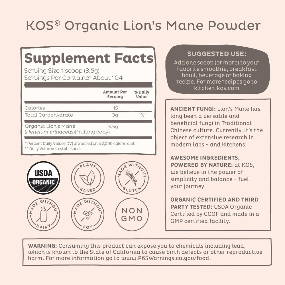 Scoop of KOS Lion's Mane powder in a bowl for daily focus and clarity
