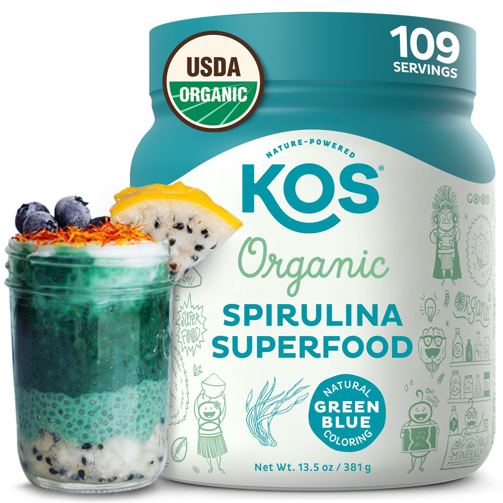 KOS Organic Spirulina Powder jar shows a vibrant green powder ideal for daily smoothies.