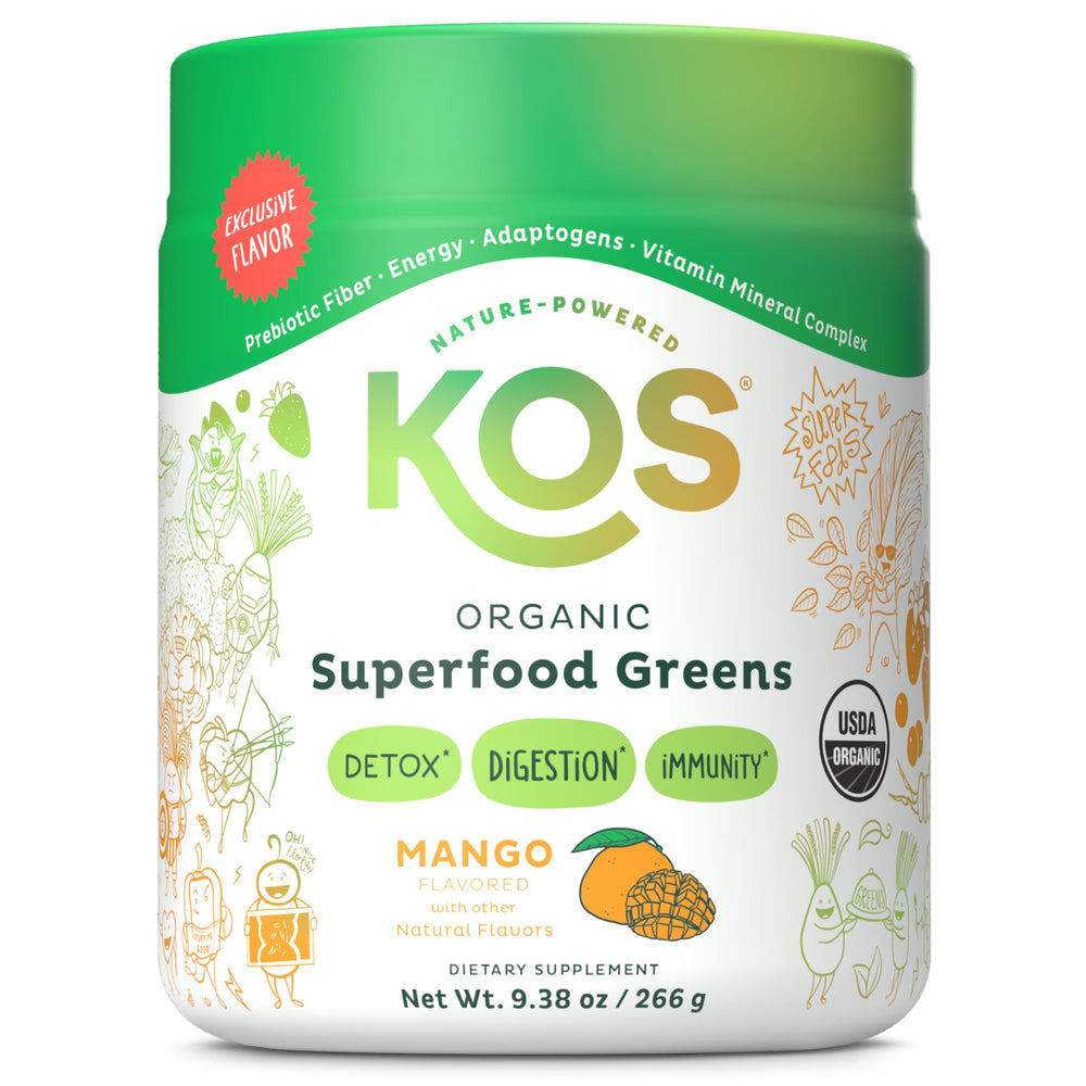 KOS Organic Superfood Greens Mango bottle ready for daily nutrition boost.