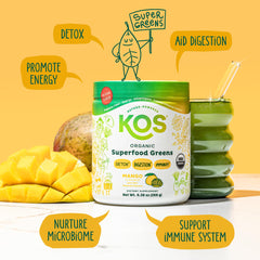 KOS Organic Greens Mango powder mixed in a glass for on-the-go refreshment.