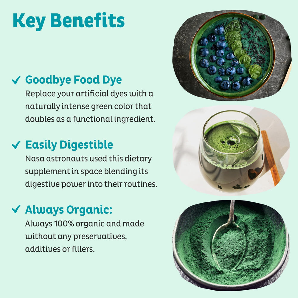 KOS Spirulina powder close-up highlights fine texture ready for quick blends.