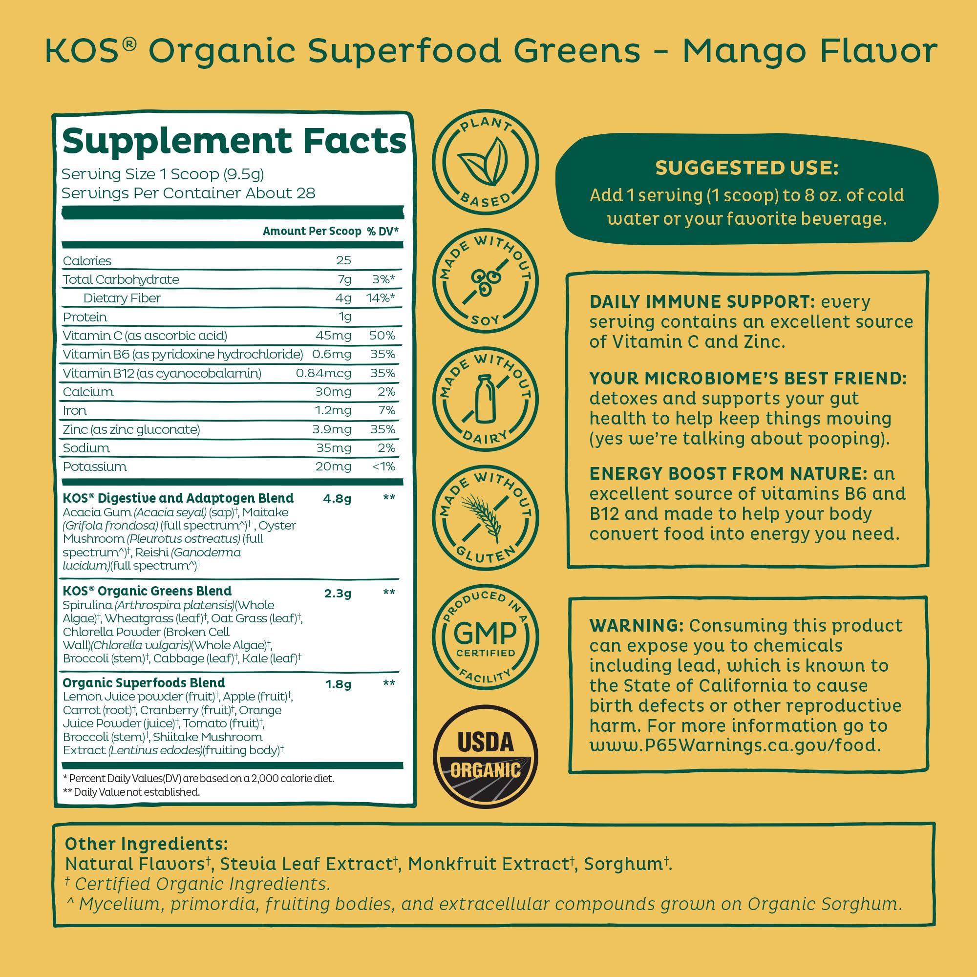 KOS greens powder features spirulina and chlorella for a vibrant greens blend.