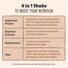 Close-up of KOS chocolate protein powder label highlighting organic ingredients