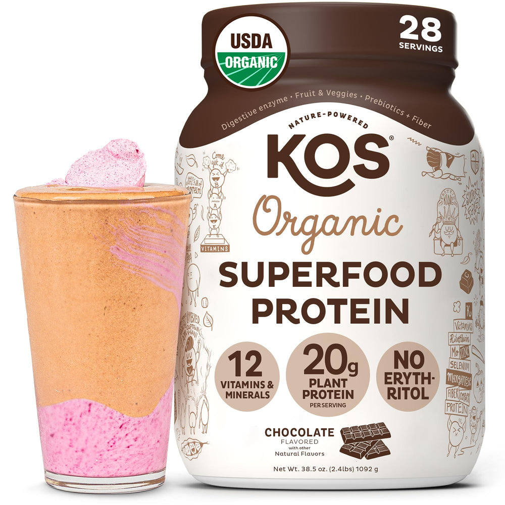 KOS vegan protein powder chocolate tub front shows rich cacao flavor