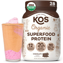 KOS vegan protein powder chocolate tub front shows rich cacao flavor