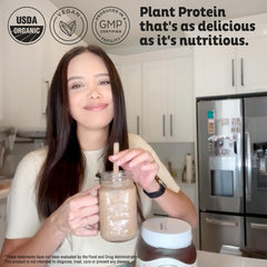 KOS vegan protein powder chocolate tub with scoop for easy serving