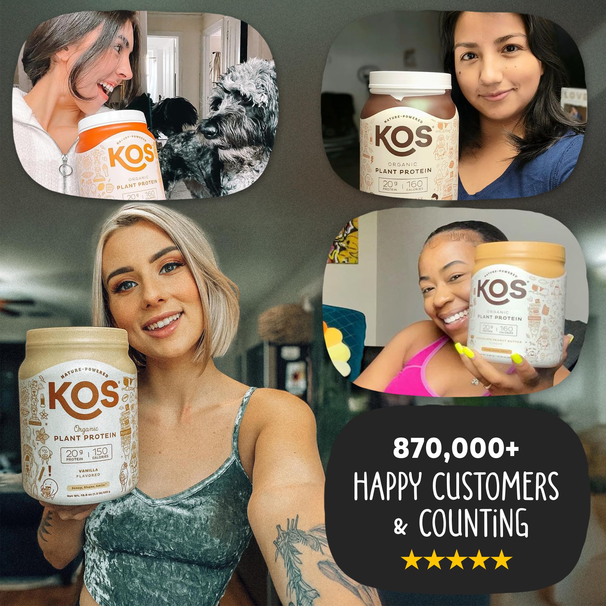 KOS Vegan Protein Powder organic certifications featured on packaging
