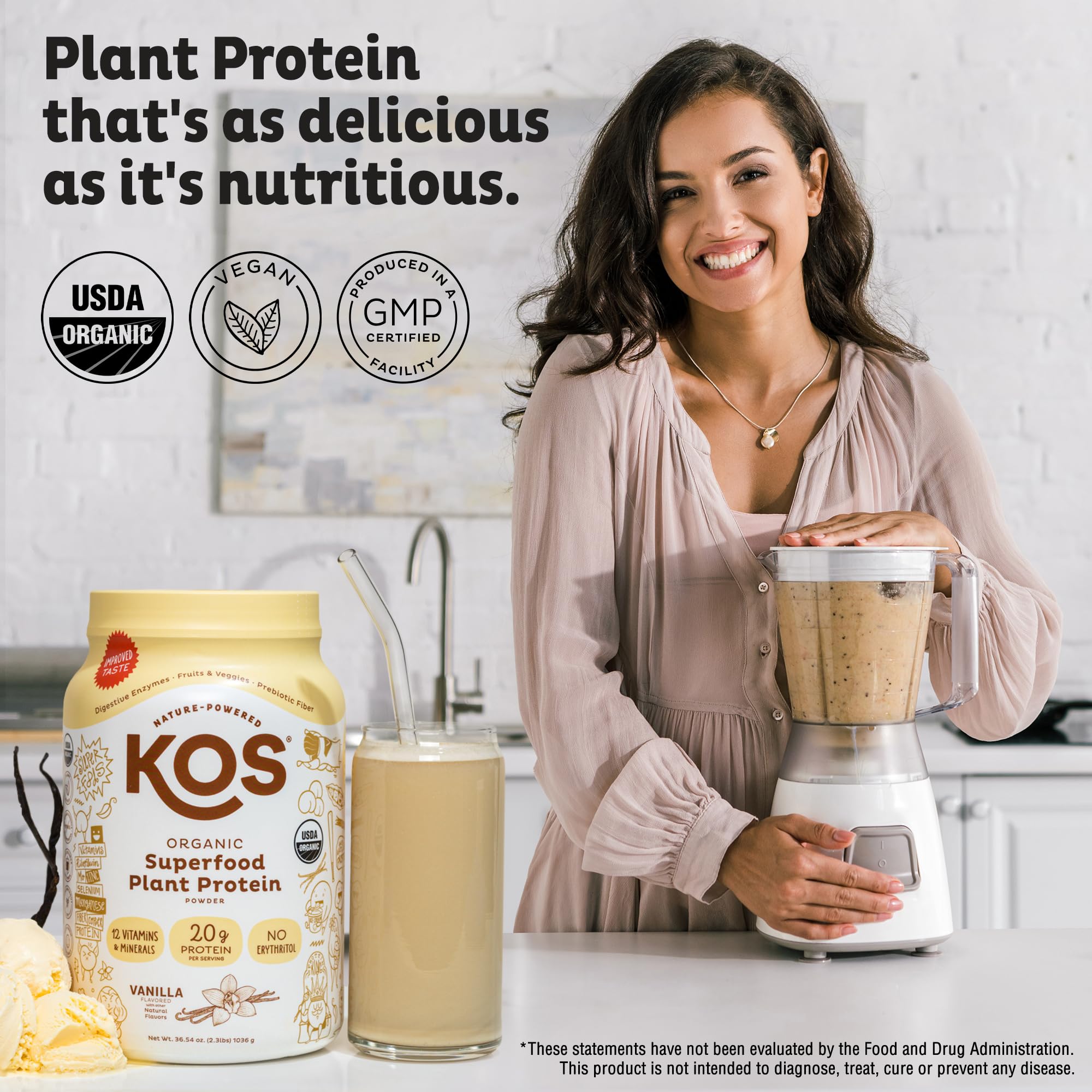 KOS Vegan Protein Powder scoop on counter highlights 20g protein per serving