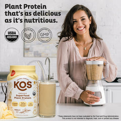 KOS Vegan Protein Powder scoop on counter highlights 20g protein per serving