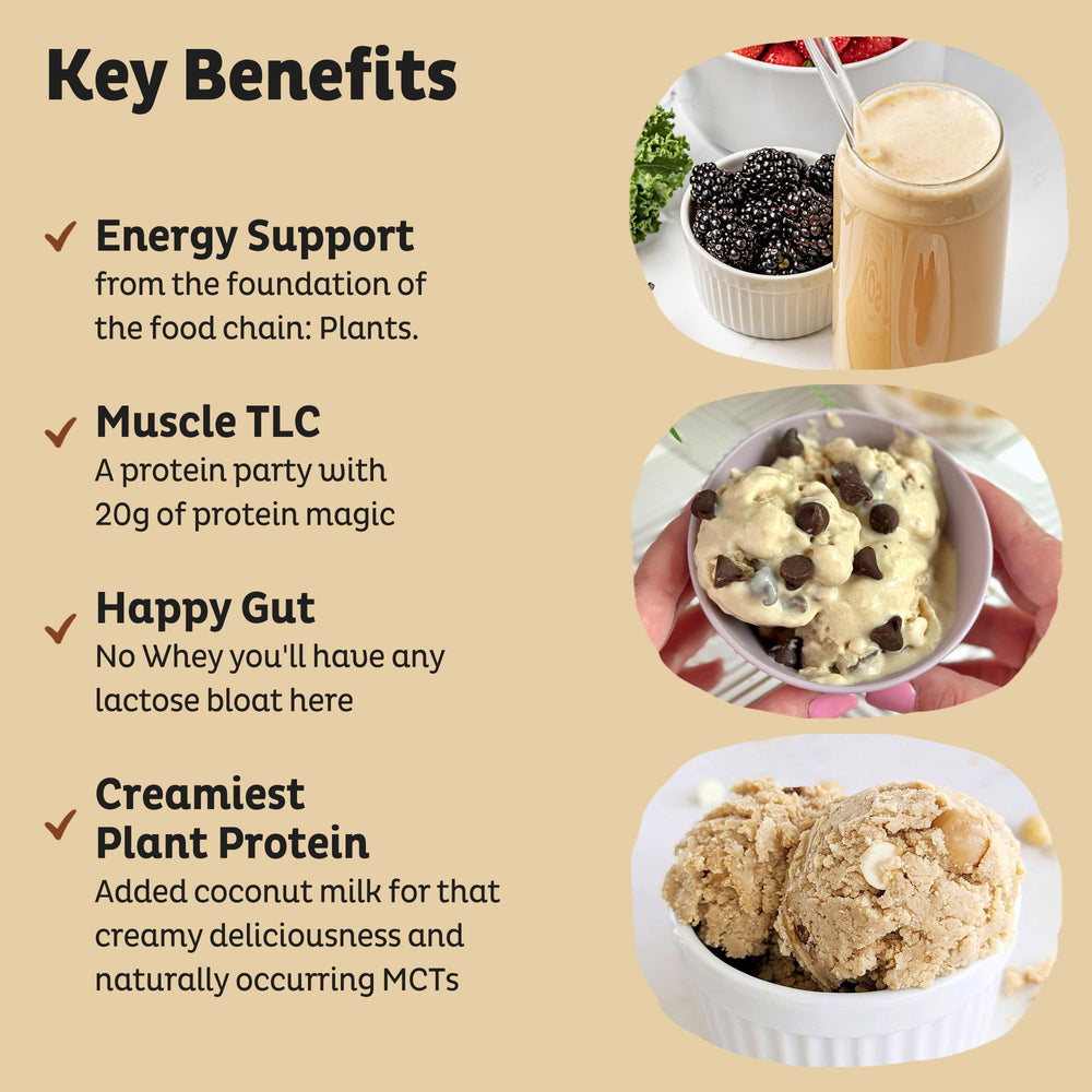 KOS Vegan Protein Powder shake bottle on counter for convenient meals