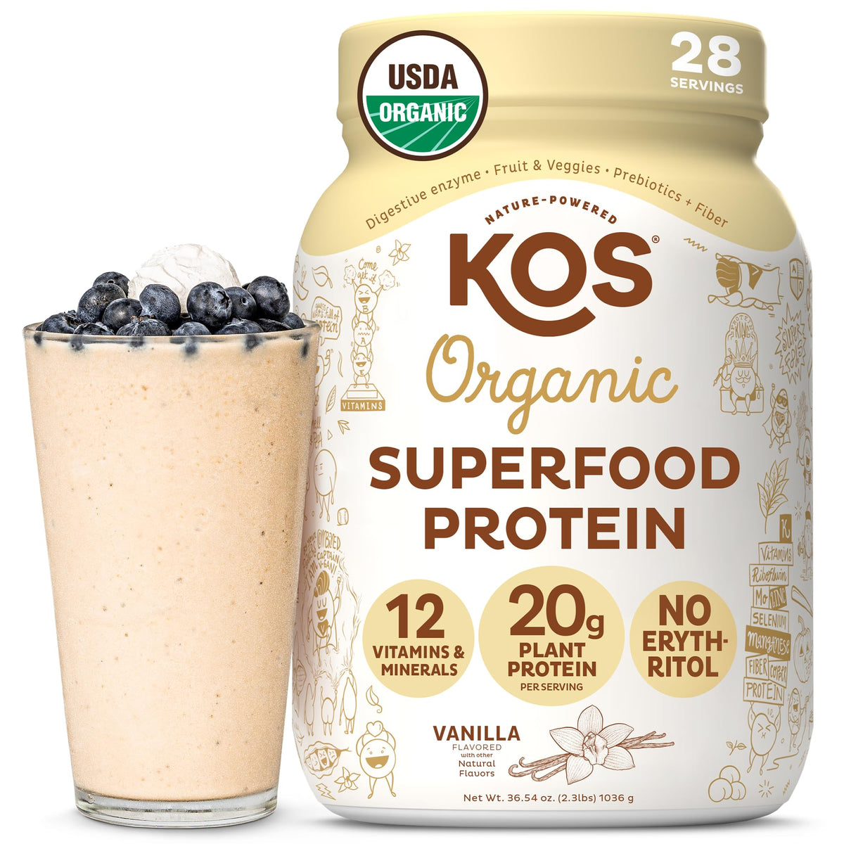 KOS Vegan Protein Powder vanilla tub closeup highlighting organic vanilla flavor