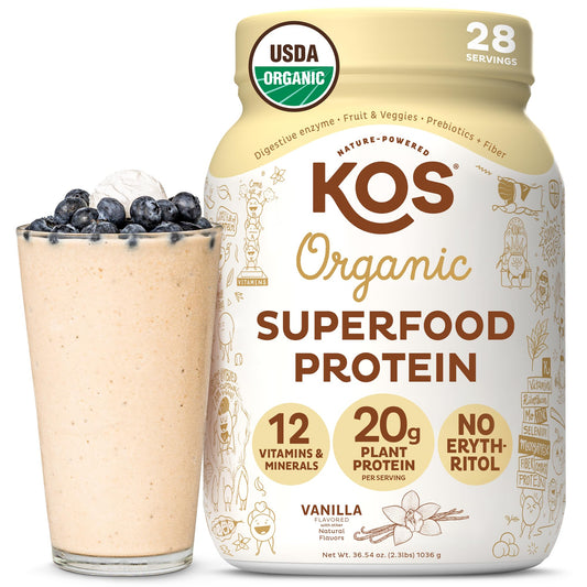 KOS Vegan Protein Powder vanilla tub closeup highlighting organic vanilla flavor