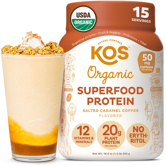 KOS Salted Caramel Coffee protein bottle shows organic pea protein and meal replacement potential