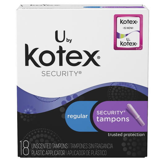 Kotex Security tampons with plastic applicator, front packaging view, provides reliable everyday protection.