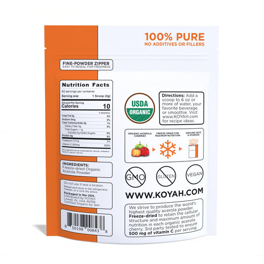 KOYAH Acerola Powder scoop shows convenient serving for smoothies.
