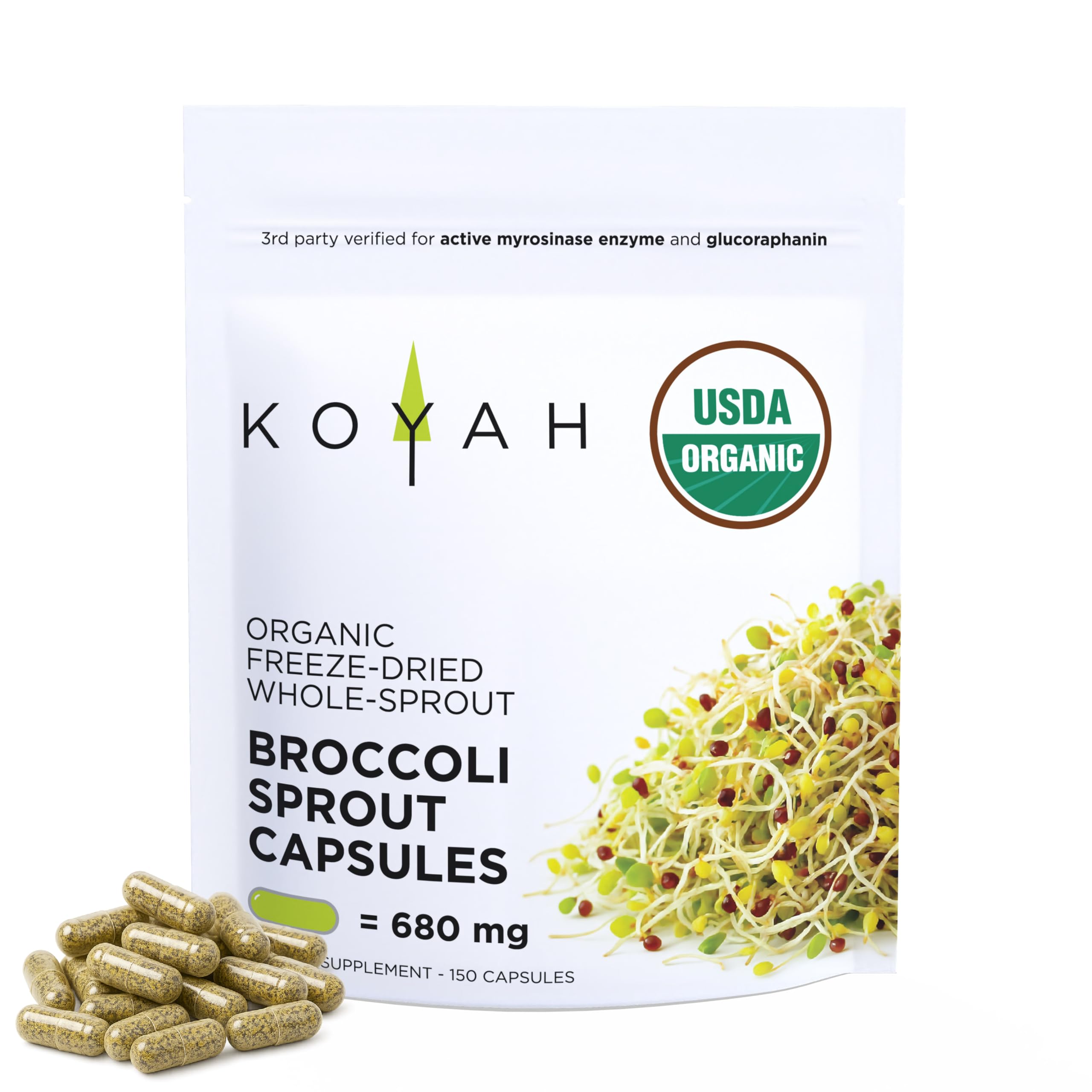 KOYAH broccoli sprout capsules bottle shown for convenient daily use
