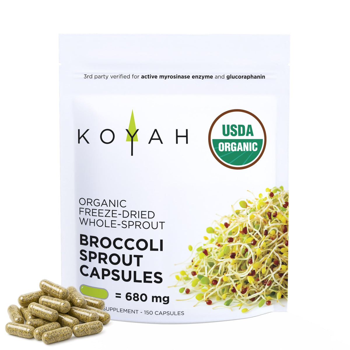 KOYAH broccoli sprout capsules bottle shown for convenient daily use