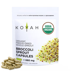 KOYAH broccoli sprout capsules bottle shown for convenient daily use