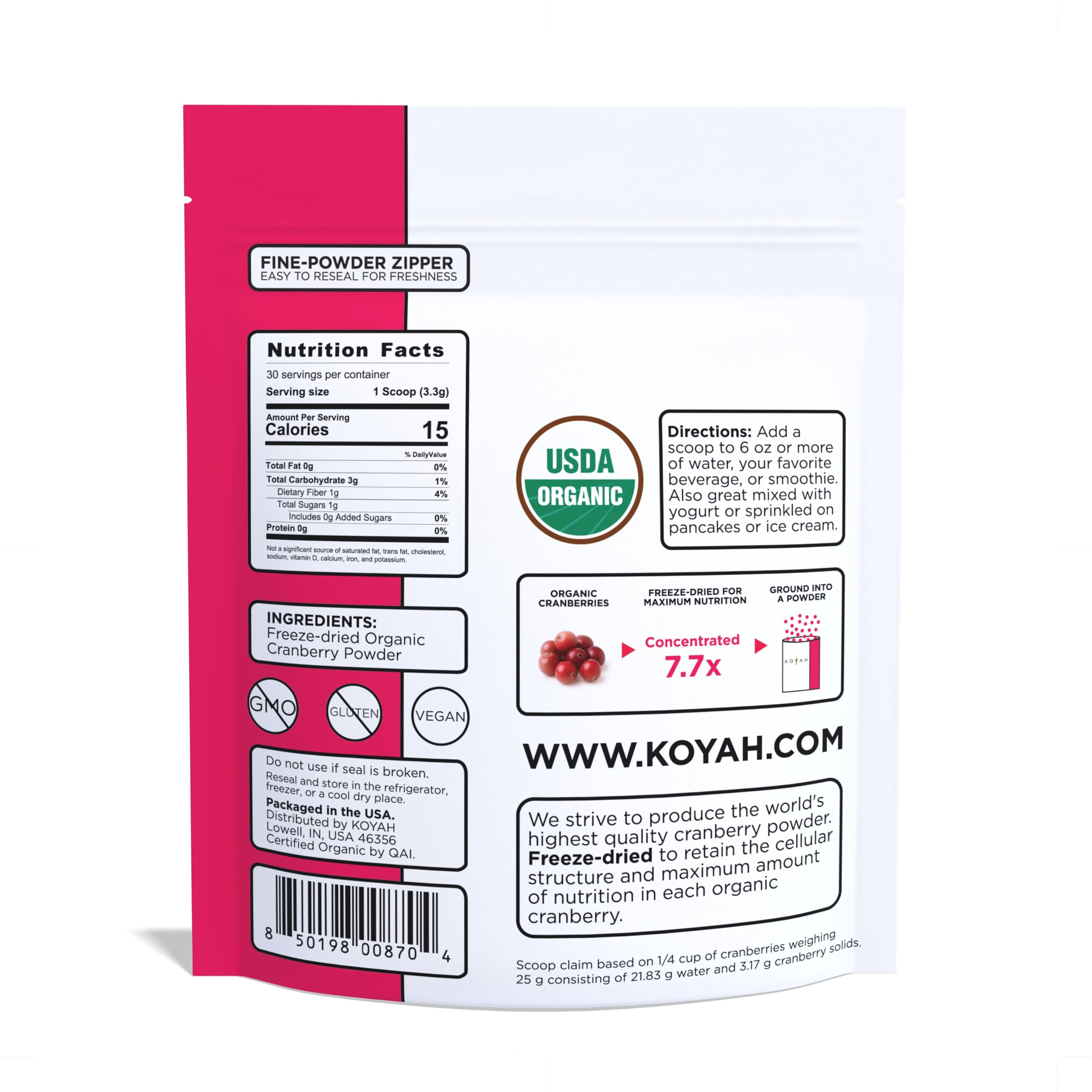 KOYAH Cranberry Powder texture close-up highlights freeze-dried consistency.
