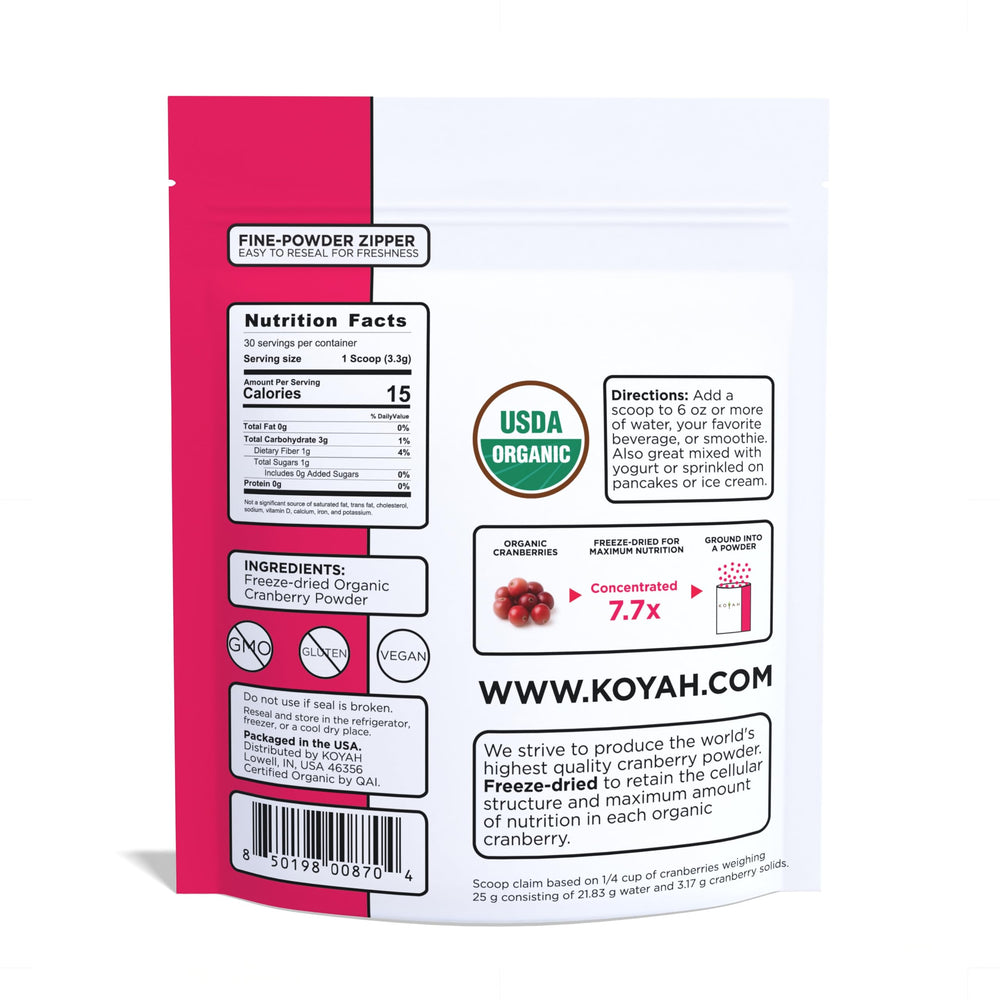 KOYAH Cranberry Powder texture close-up highlights freeze-dried consistency.