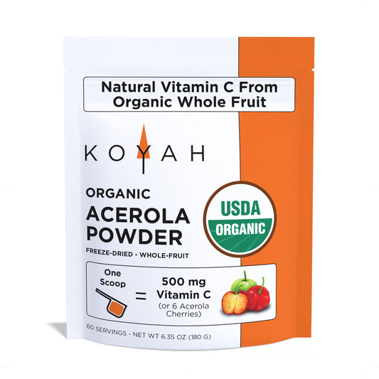 KOYAH Organic Acerola Powder canister with scoop for daily vitamin C boost.