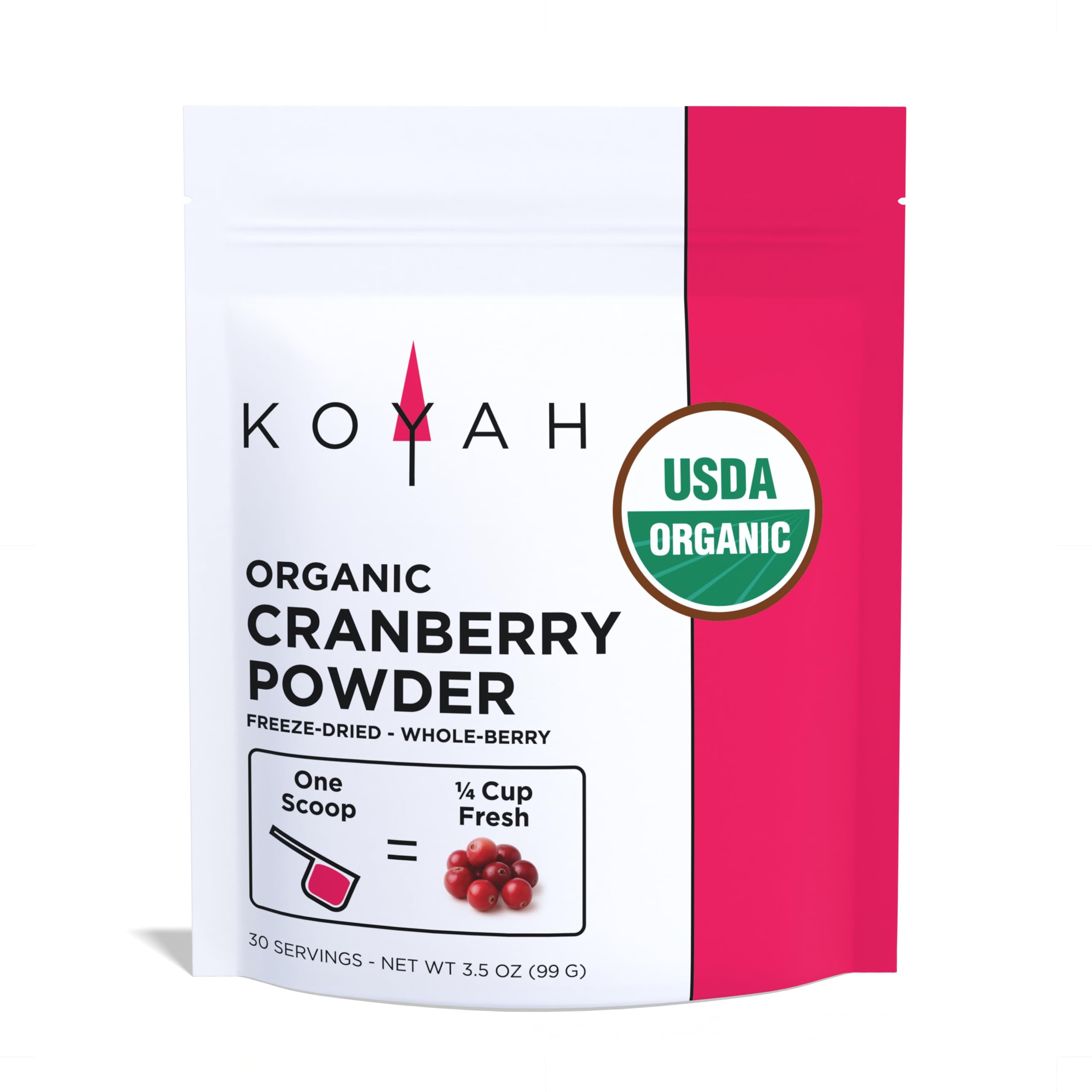 KOYAH Organic Cranberry Powder packaging shows a pure additive-free product.