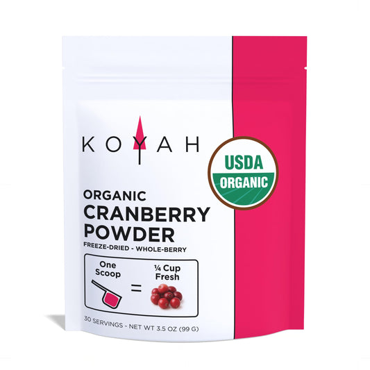 KOYAH Organic Cranberry Powder packaging shows a pure additive-free product.
