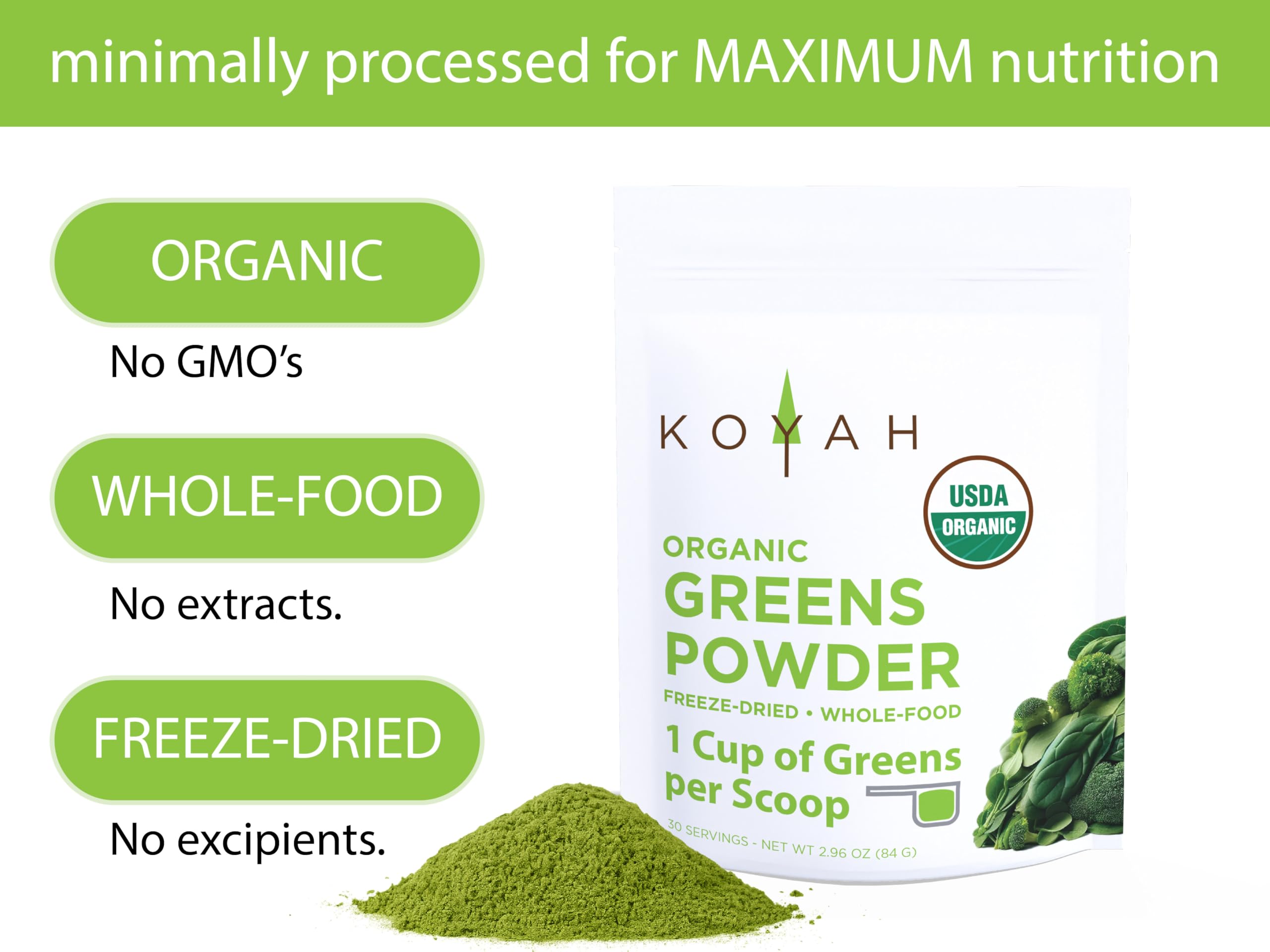 KOYAH Organic Greens Blend Powder ingredients including kale and spinach
