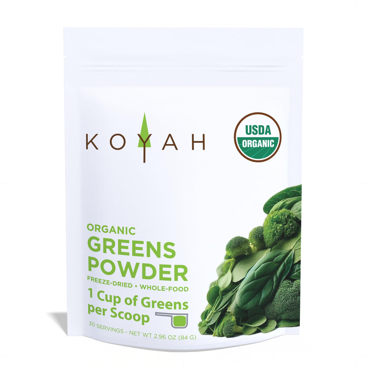 KOYAH Organic Greens Blend Powder packaging front showing convenient greens source